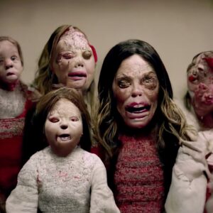 An ugly AI woman with dead-looking children.