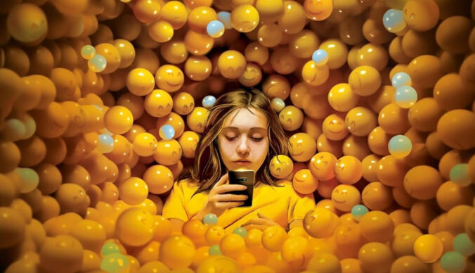 The cover image of The Anxious Generation, of a young girl with her phone, buried in a ball pit of social media "likes"