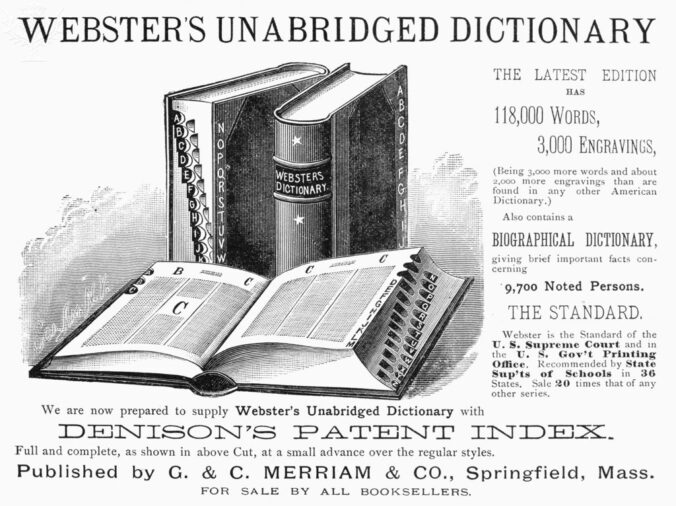 An old woodcut advertisement for Webster's English Dictionary